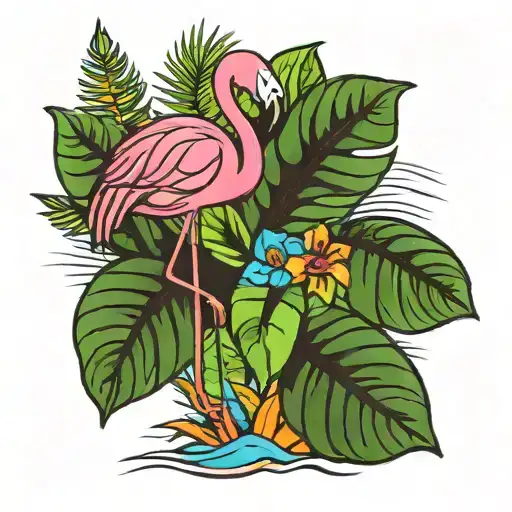 A New-school Flamingo With Vibrant Colors And Tropical Flowers In The Background