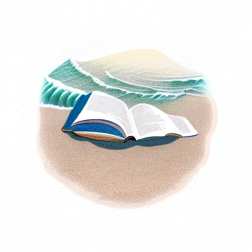 A Person Reading A Book On A Sandy Beach With Waves Crashing In The Background