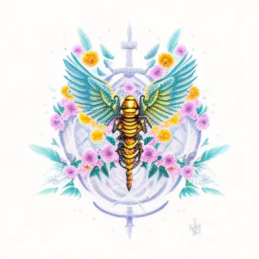 A Scorpio With Angel Wings Inside A Wreath Of Marigold Flowers