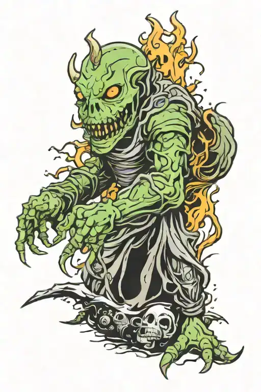Eldritch Abomination As A Figure In The Background Of A Dark Souls Inspired Tattoo Sleeve
