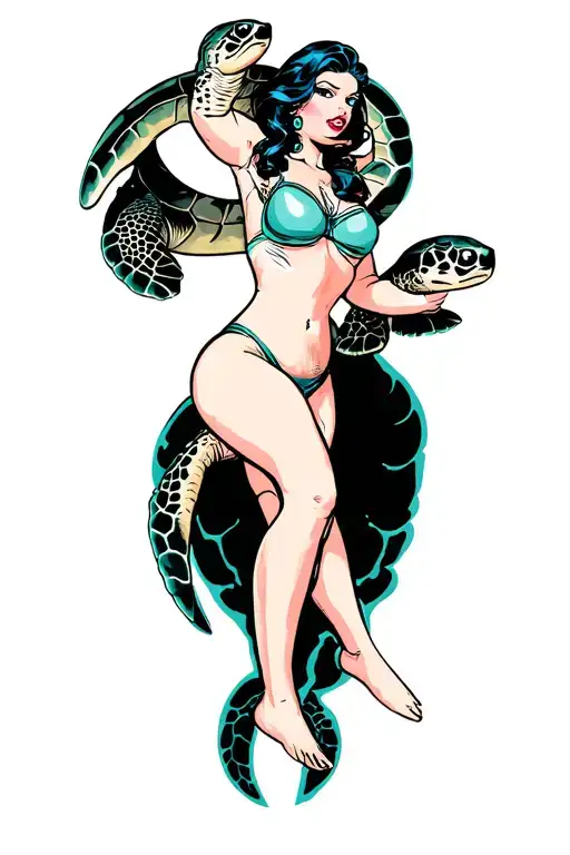 Pin Up Girl With Sea Turtle Swimming Gracefully