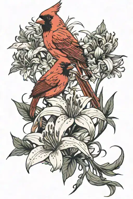 Red Cardinal And Spider Lilies