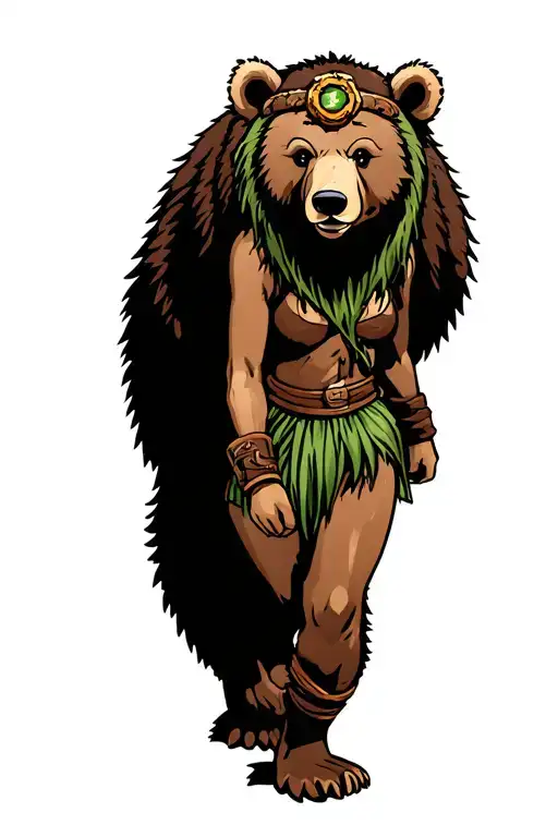 Cartoon Female Druid Walking A Bear