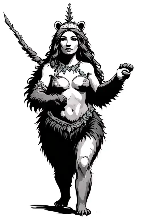 Cartoon Female Druid And Walking Bear