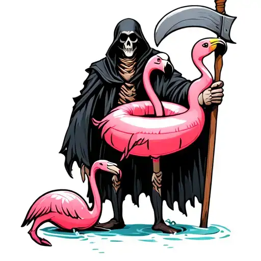 Black Grim Reaper Standing Holding Scythe With Pink Flamingo Pool Floatie