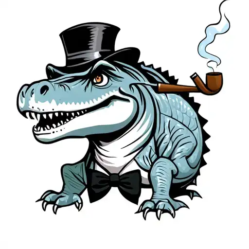 Cartoon Cheerful T Rex With Thick Black Eyebrows Wearing A Top Hat And Bow Tie Smoking A Pipe