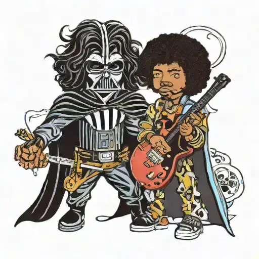 Darth Vader Holds Guitar And Jimi Hendrix Holds A Light Saber
