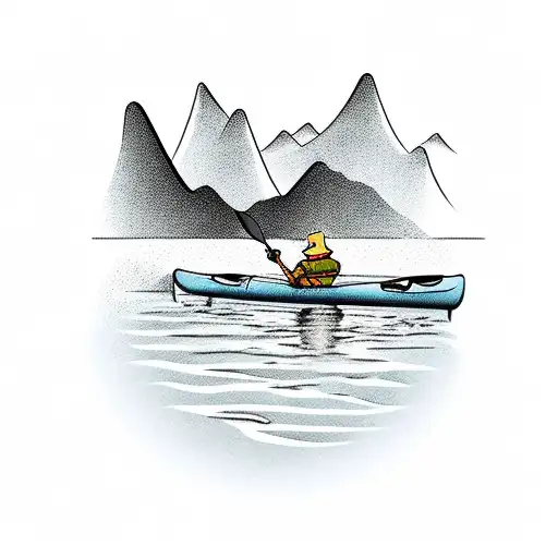 Dog In Kayak On River With Mountains In The Background