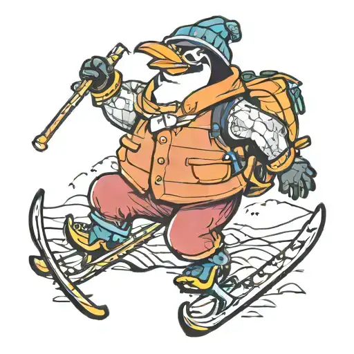 Penguin Wearing A Vest Goggles Hat While On Skis Holding Poles