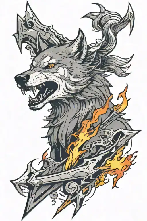 Wolf And Arrow With Fire And Lightning Bolt