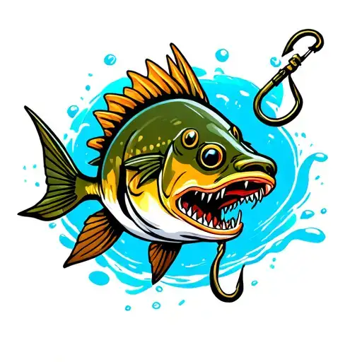 Cartoon Catfish With Hook In Its Mouth And Water Splash