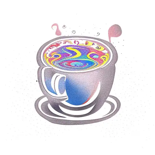 A New-school Tattoo Of A Coffee Cup With A Vibrant Background Of Swirling Energy And Dancing Figures