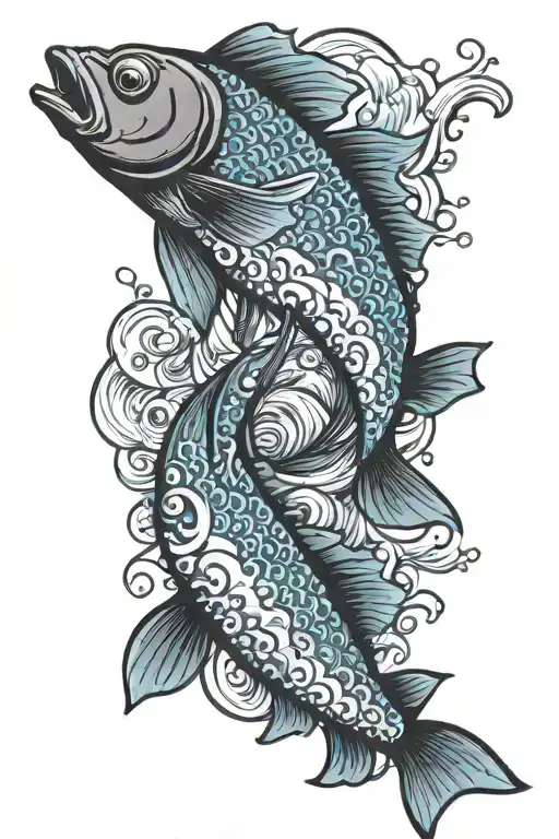 Black Sketch-style Fish With Blue Japanese-style Waves In The Background