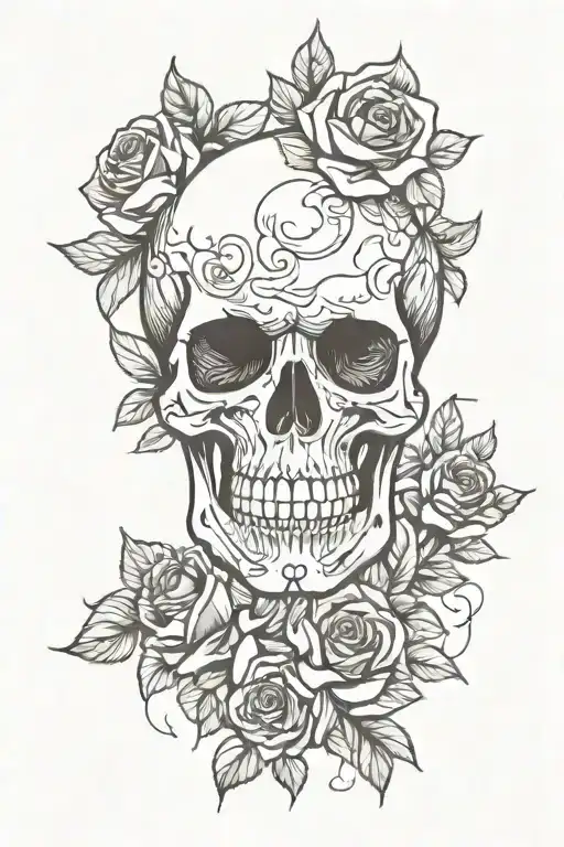 A Skeleton Head With Roses Surrounding The Skull