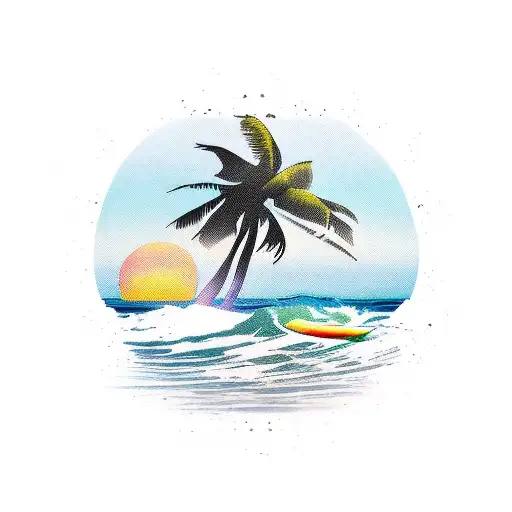 Surf And Palms And Island And Sunset And Skull