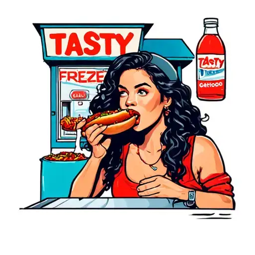Woman Eating A Chili Dog Outside The Tasty Freeze