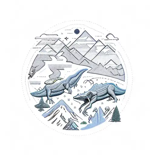 Rocky Mountains With Small Dinosaurs In Front And Pterodactyl And Sun Overhead