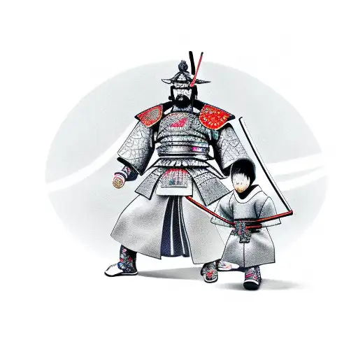 Samurai Standing With Two Small Children