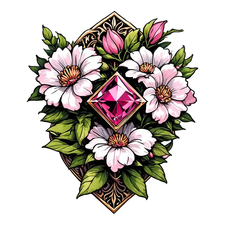 Pink Sapphire With White Gold With Pink Flowers In Background