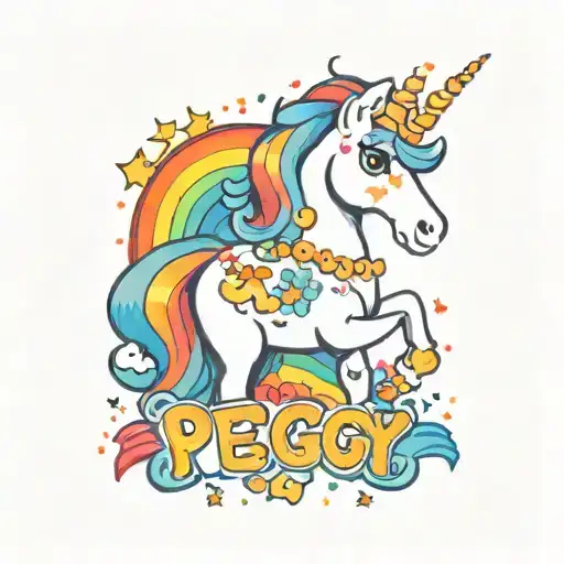 The Name Peggy Written With A Unicorn And Rainbow