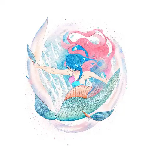 A Graceful Mermaid Swimming With A School Of Catfish In A Japanese-inspired Watercolor Style