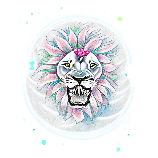 Lion With Flowers And Moon