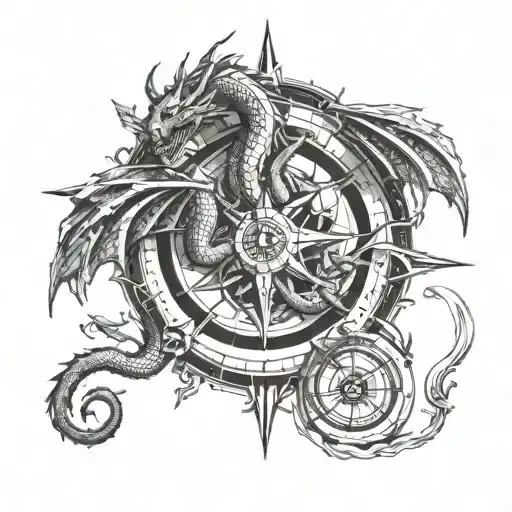 Dragon Curled Around A Compass Rose Intertwined
