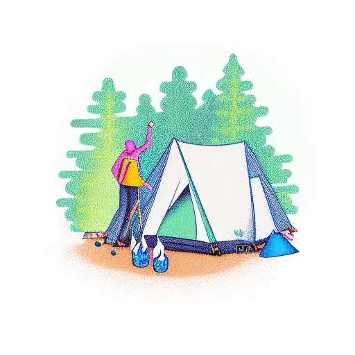 Camping In Forest With Green Tent And Chocolate Labrador