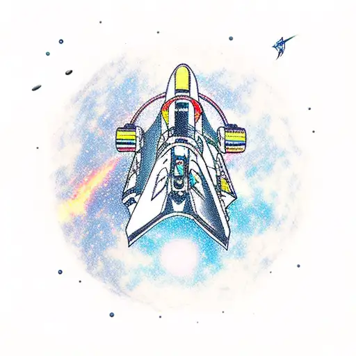 A New-school Tattoo Of A Spaceship Soaring Through A Galaxy Filled With Hunting And Fishing Gear