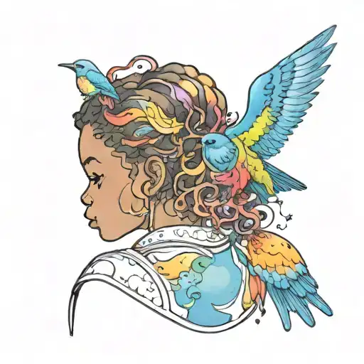 Little Black Girl Back Profile Turning Into Birds Looking At Watercolor Rainbow And Bluebird