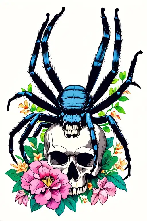 Tarantulas Crawling Out Of Skull With Carnations And Gardenias