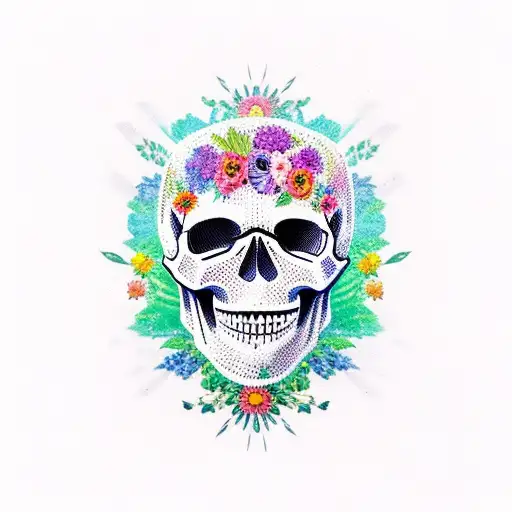 Skull Surrounded By Vibrant Flowers