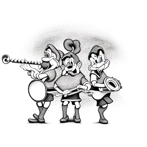 A New-school Design Featuring The 7 Dwarves Playing Different Musical Instruments