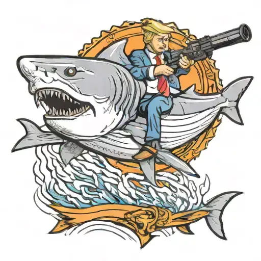 Donald Trump Riding A Great White Shark With A Bazooka