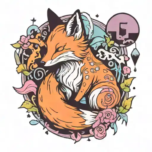 A Sleeping Fox Surrounded By Pastel Goth Symbols