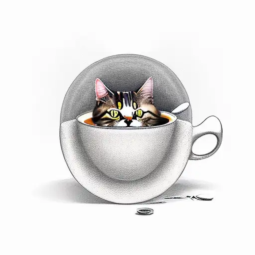 An Artistic Rendition Of A Cat Curled Up Inside A Coffee Mug