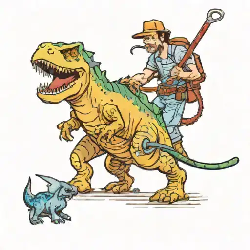 Human Walking A Dinosaur On A Leash