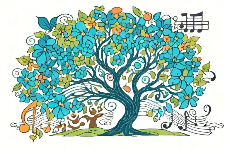 A Tree Made Out Of Colorful Flowers With Music Notes Floating Around It