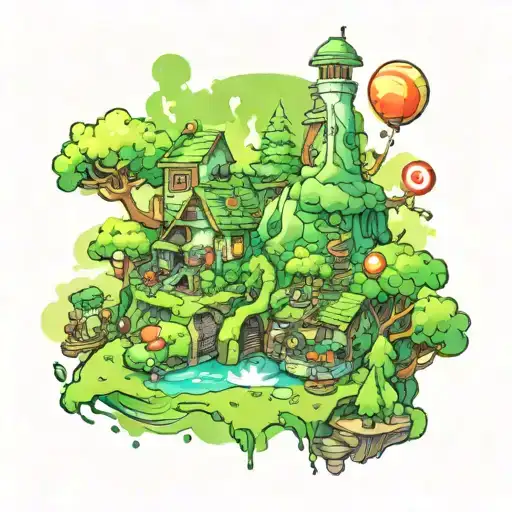 A Green Watercolor Landscape Featuring Iconic Symbols From Favorite Video Games