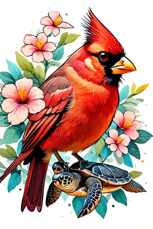 Cardinal With Flowers And A Sea Turtle