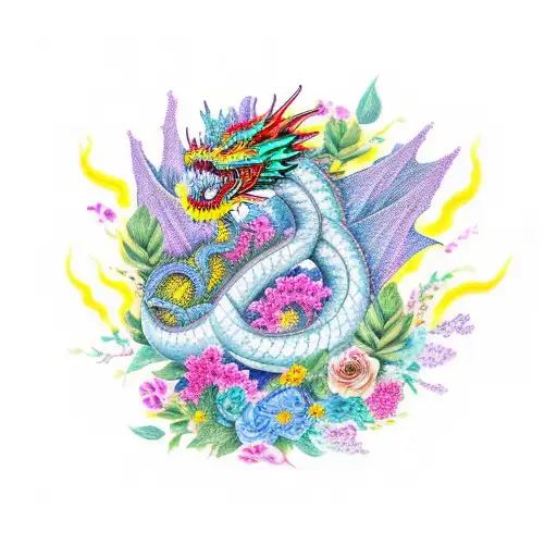 A Vibrant Bouquet Of Flowers Intertwined With A Majestic Dragon
