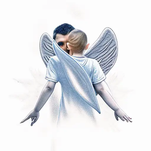 A Minimalist Tattoo Of A Guardian Angel Embracing A Small Child