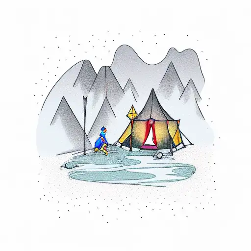 Waterfall With Campsite With Hiker