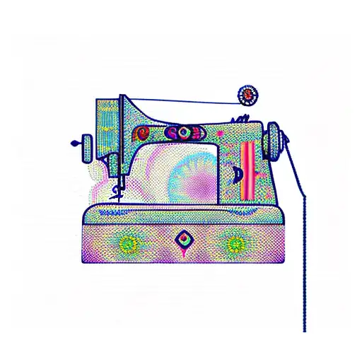 A Sewing Machine With Cosmic Patterns And A Cat Thread Holder