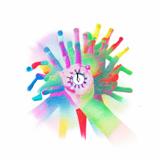 Two Human Hands With A Half Broken Clock In Between And Different Shades If Colors As Background