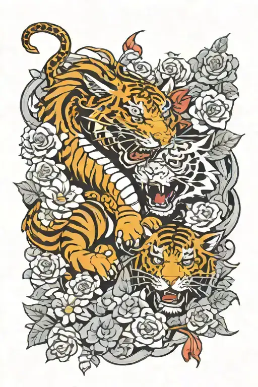 Dragon And Tiger Fighting With Daisys And Roses Around Them