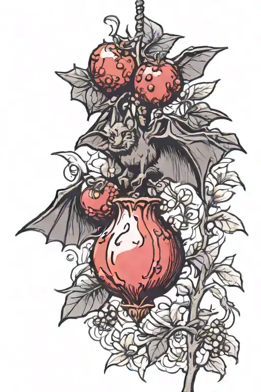 Bat Hanging From Pomegranate Branch