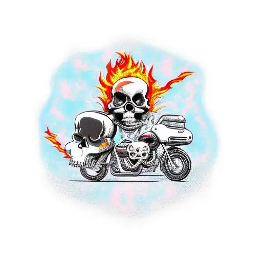 A Flaming Skull Surrounded By Beautiful Women Riding Motorcycles