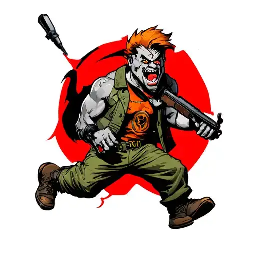 A Masculine Tattoo With A Fictional Aggressive Character In Color