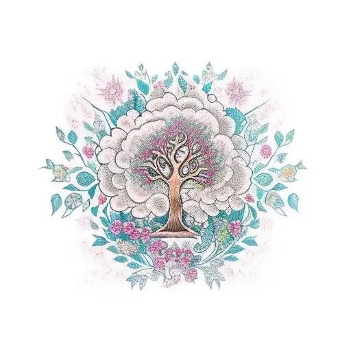 Traditional Style Tattoo Of A Majestic Tree Surrounded By Intricate Floral Patterns
